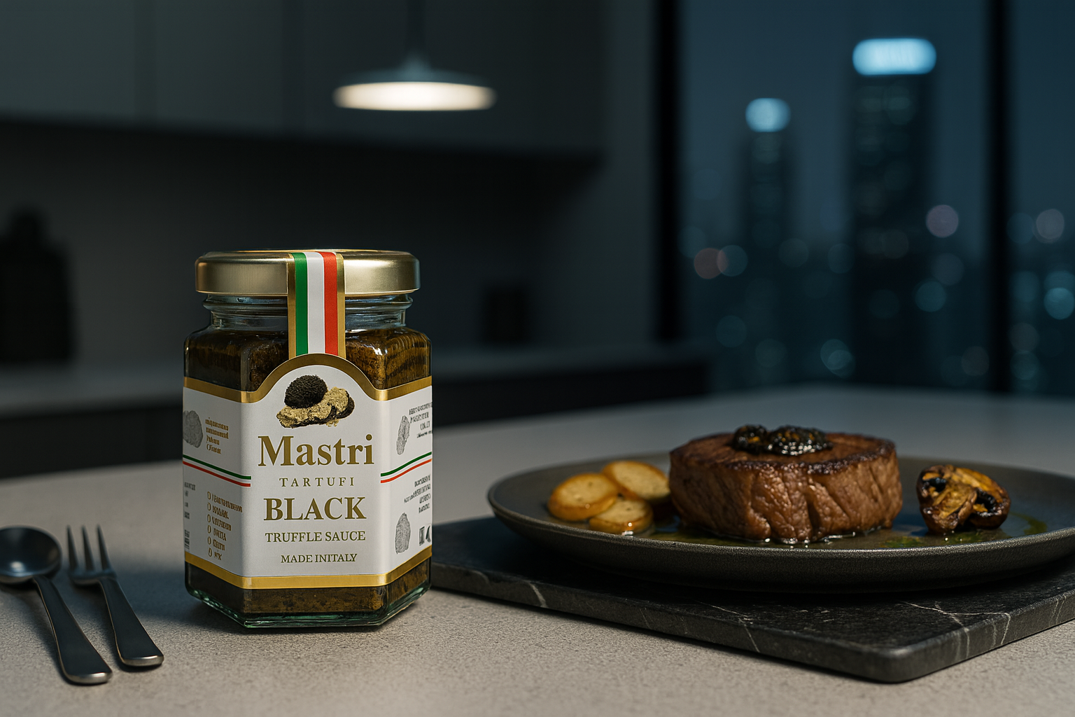 Black Truffle Sauce Usage Scene - Paired with Italian pasta in elegant plating