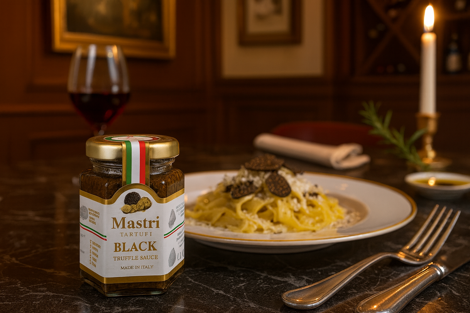 Black Truffle Sauce Pairing Scene - Wine and gourmet dining presentation