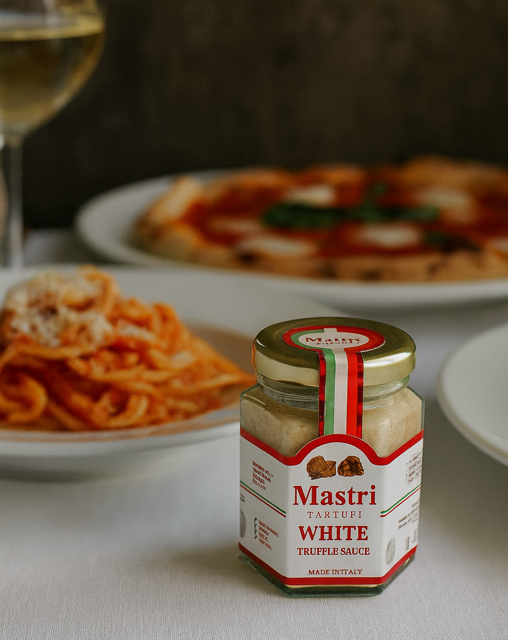 White Truffle Sauce Product - Elegant packaging design and appetizing sauce texture