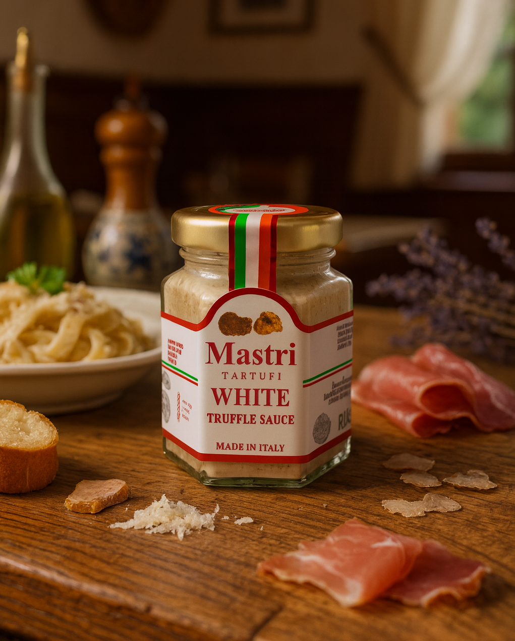 White Truffle Sauce Usage Scene - Paired with Italian pasta in elegant plating
